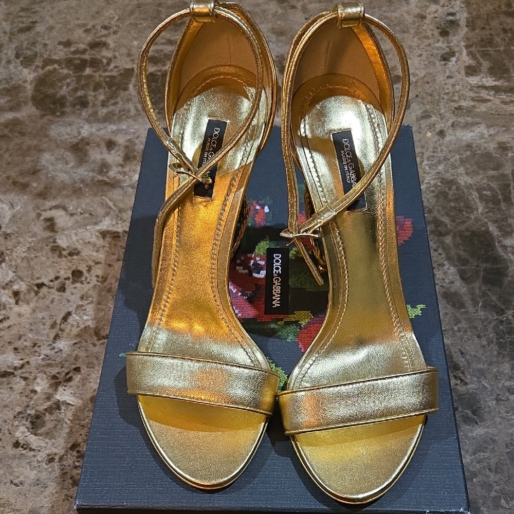 Dolce & Gabbana BAROQUE Gold Heels with Ankle Strap